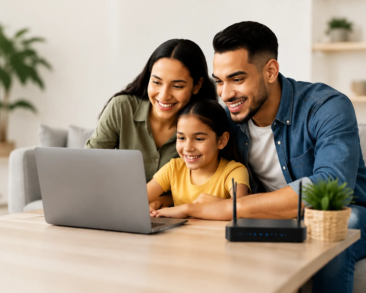 Familia revisando planes de internet en casa